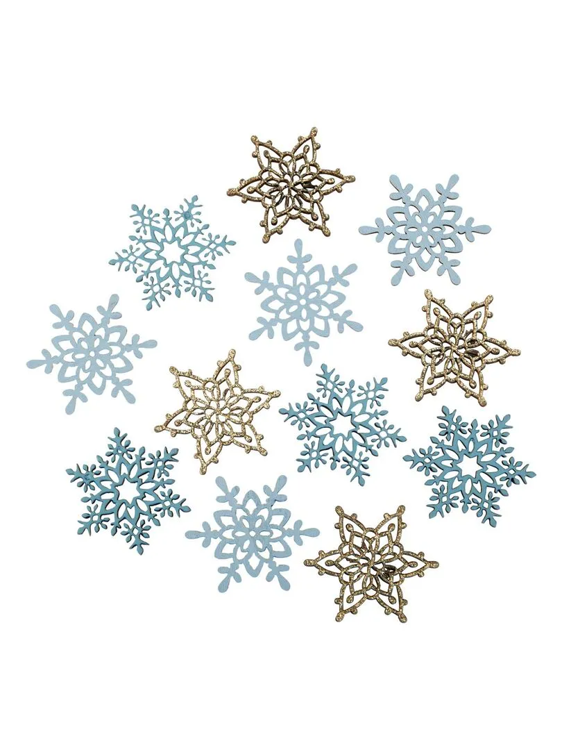 12 Blue and Gold Wooden Adhesive Snowflake Stickers - Multicolored