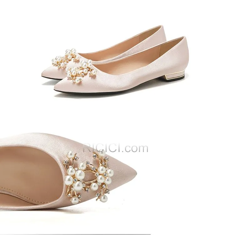 2019 Chaussure Mariée Ballerine Avec Perle Plates Chaussure Demoiselle D honneur Satin Bout Pointu Champagne