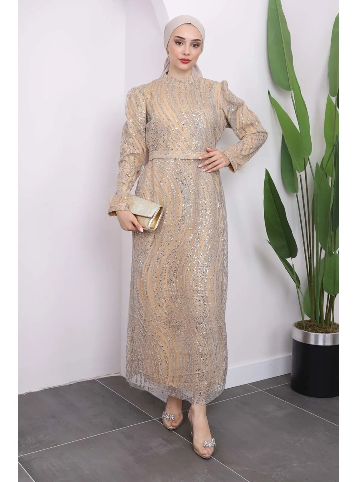 Beige - Fully Lined - Modest Evening Dress