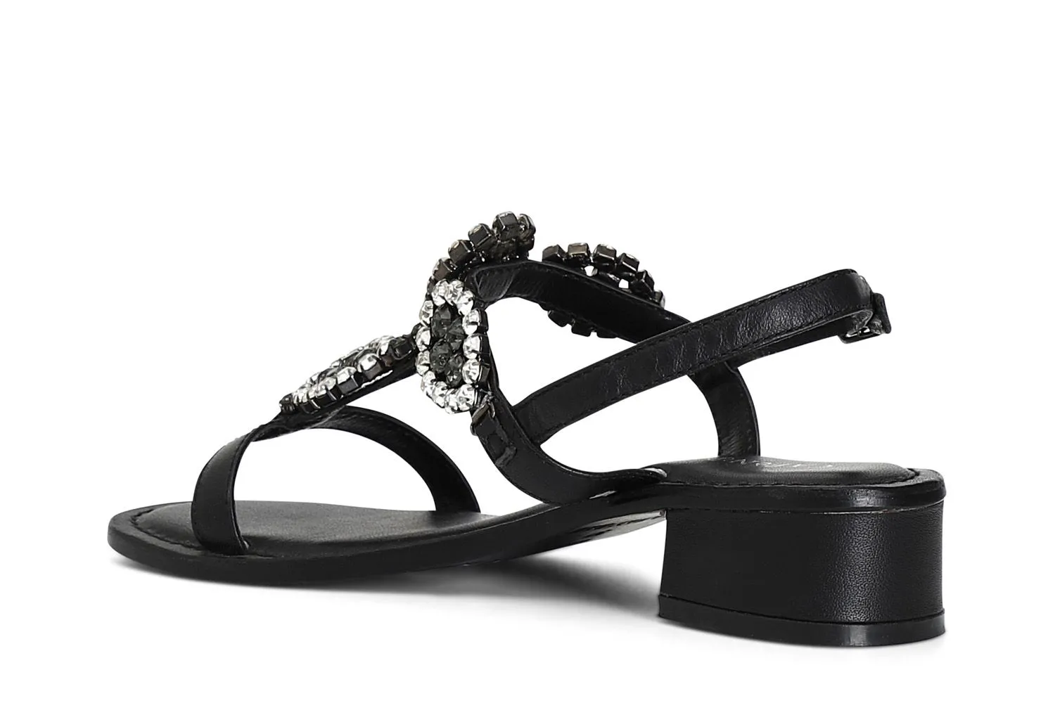 Black leather T-strap sandals with jewel - CaféNoir.
