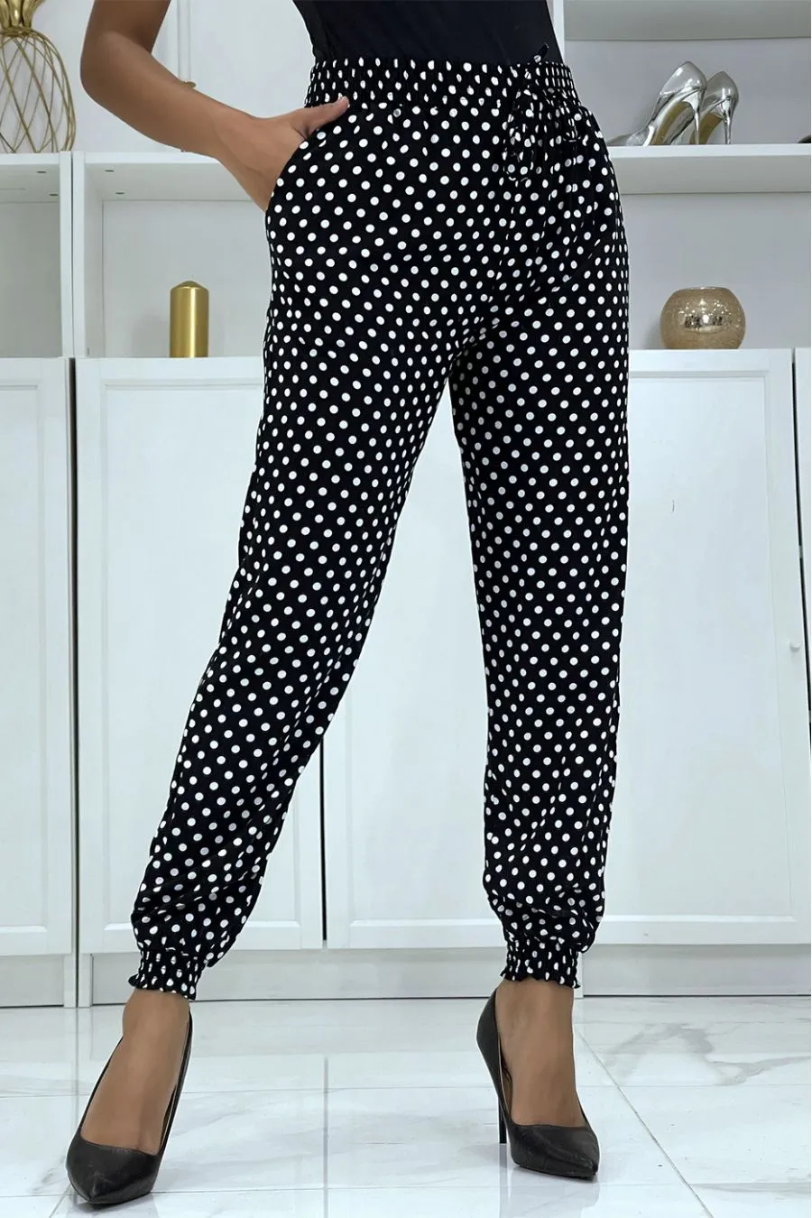 Black Polka Dot Flowy Pants A-5