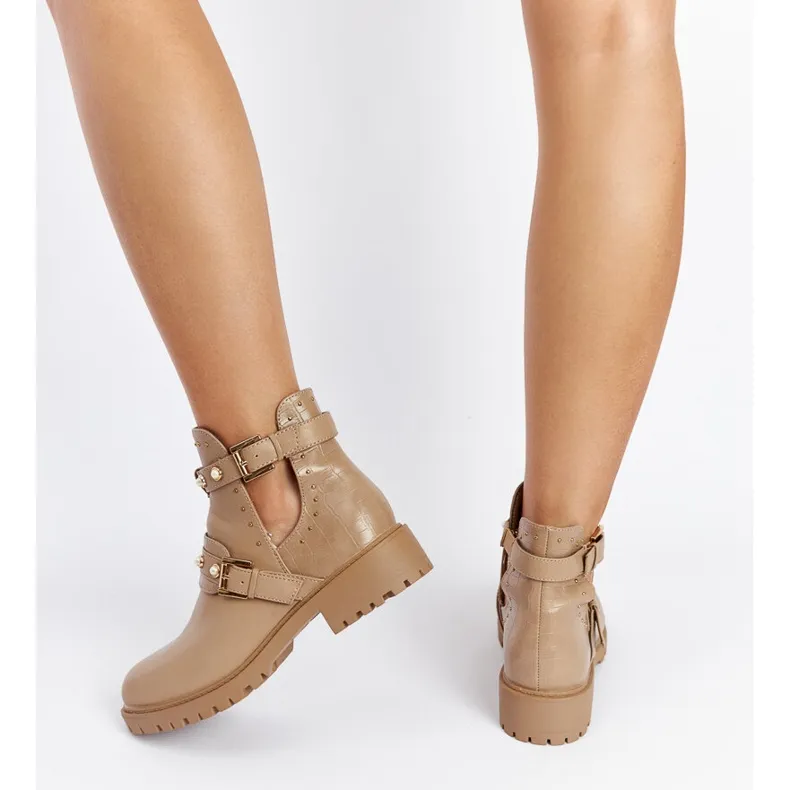 Beige Cut-out Boots with Beads