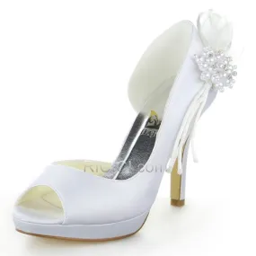 Bout Ouvert Satin Talons Hauts Escarpins Femmes Perle D orsay Chaussure De Mariée
