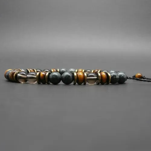 Bracelet homme, gemmes, quartz fumé, jaspe kambala, rondelles en oeil de tigre, heishi d’hématite dorée vieillie ø 6 mm r445