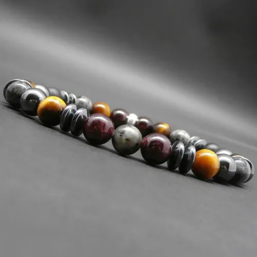 Bracelet homme, pierres gemmes, larvikite, grenat, oeil de tigre, hématite, onyx mat, rondelle en argent sterling ø 8 mm r720