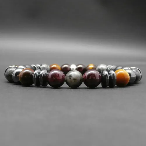 Bracelet homme, pierres gemmes, larvikite, grenat, oeil de tigre, hématite, onyx mat, rondelle en argent sterling ø 8 mm r720