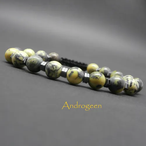 Bracelet homme, tressé, pierres naturelles, serpentine et rondelles en hématite ø8 mm r212