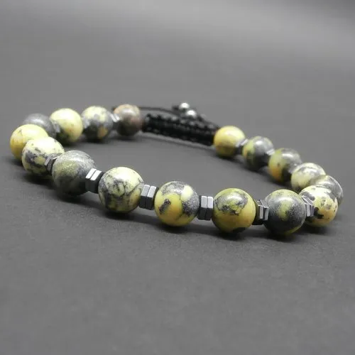 Bracelet homme, tressé, pierres naturelles, serpentine et rondelles en hématite ø8 mm r212