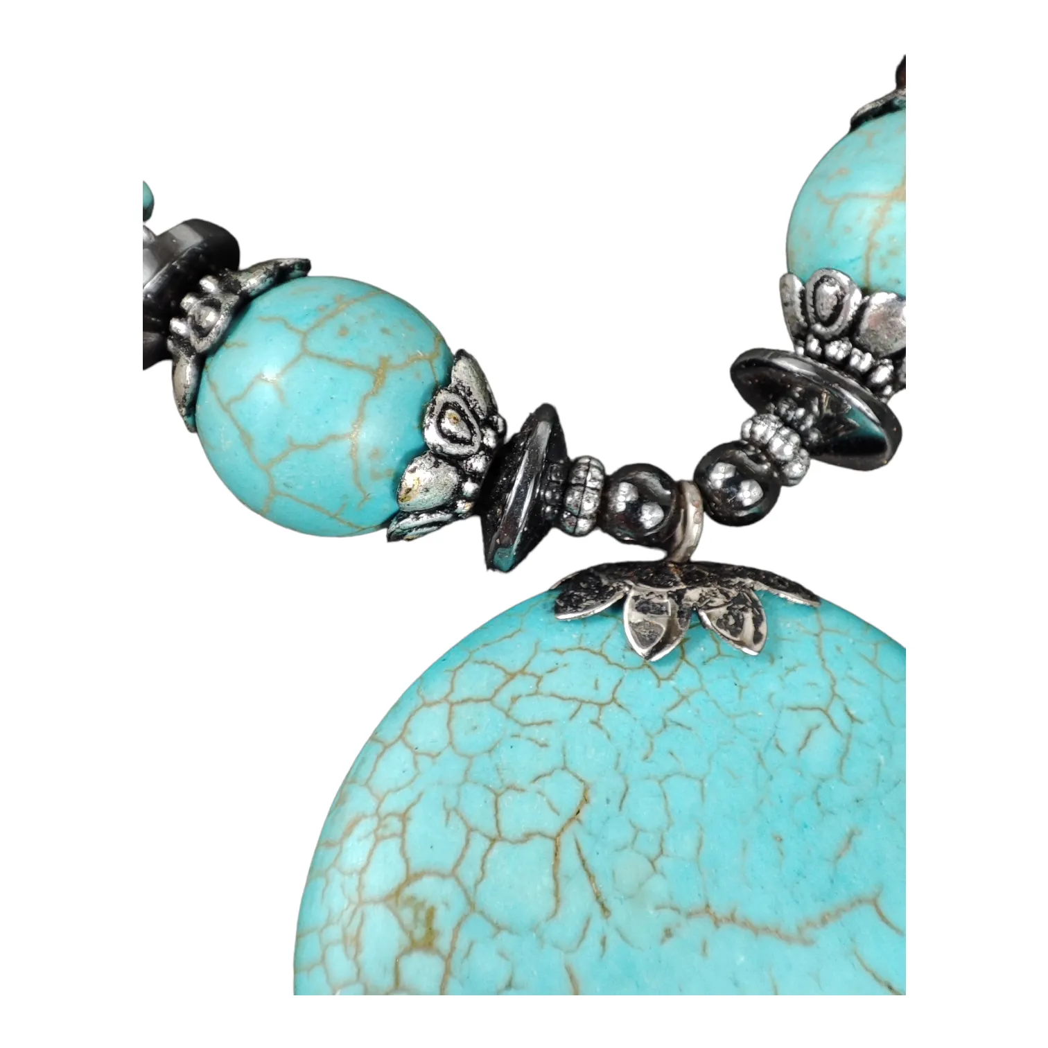 Collier en perles façon hématite et turquoise