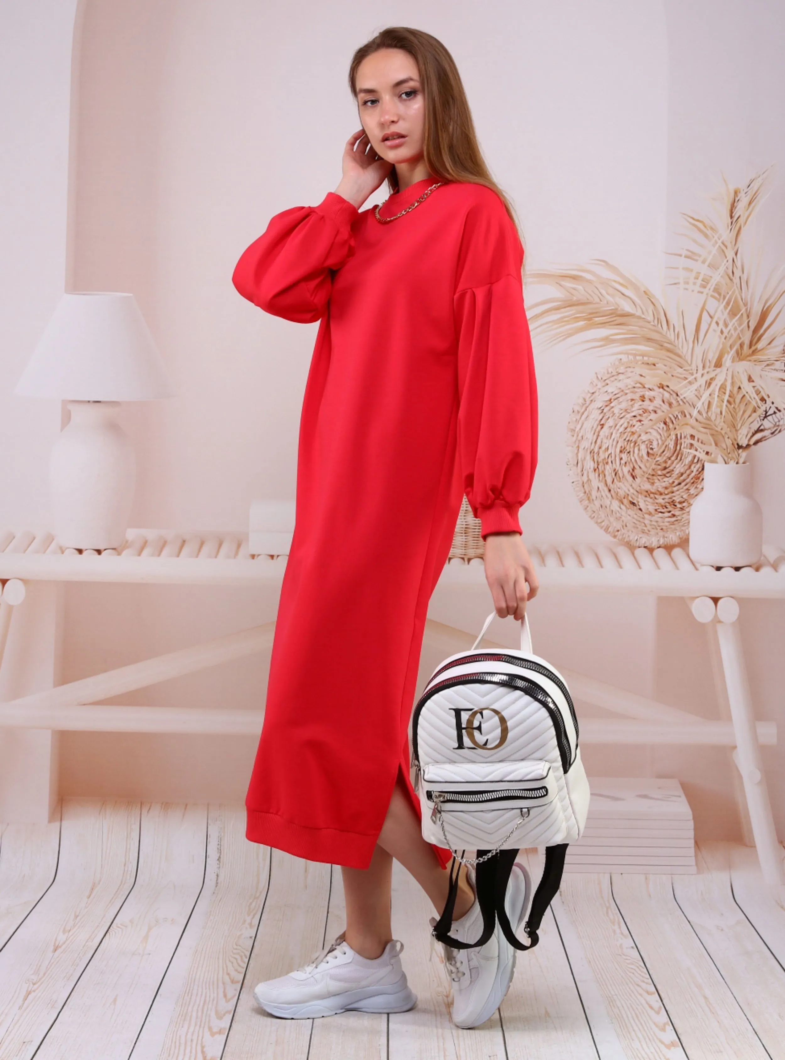 Coral - Crew neck - Modest Dress
