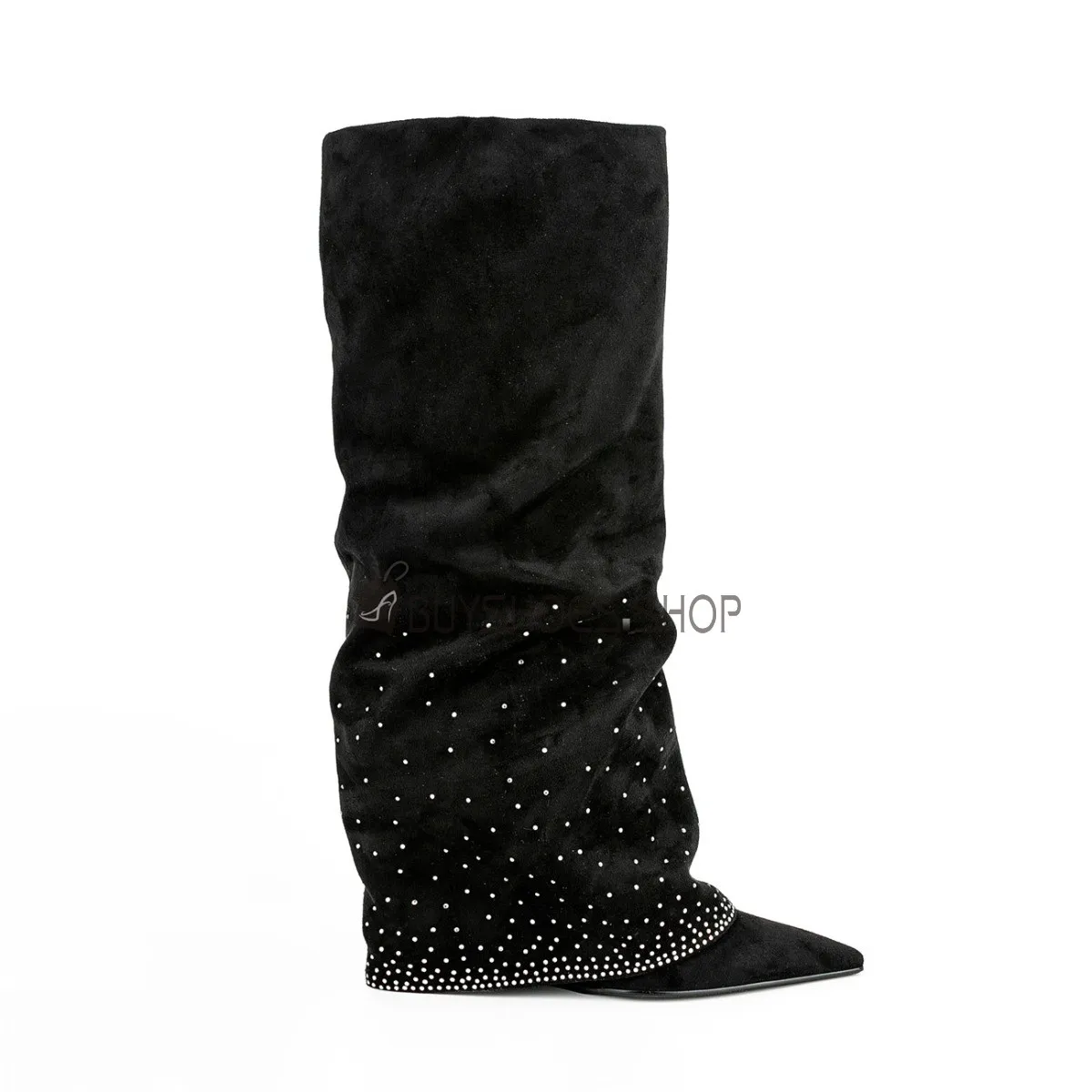 Cuir Talon Haut Boots Femme Vintage Noir Compensées Equitation Strass Daim Bout Pointu Fourrées