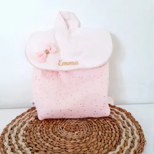 Customizable Kids Backpack, Pink Double Gauze Backpack with Golden Polka Dots - Ideal for Daycare or Babysitter