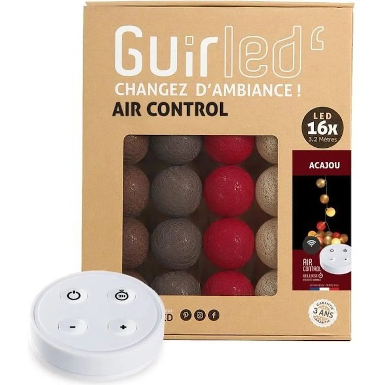Guirlande lumineuse boules coton LED USB - Télécommandée -Veilleuse bébé 2h - 4 intensités - 16 boules 1,6m - Acajou marron - Gu