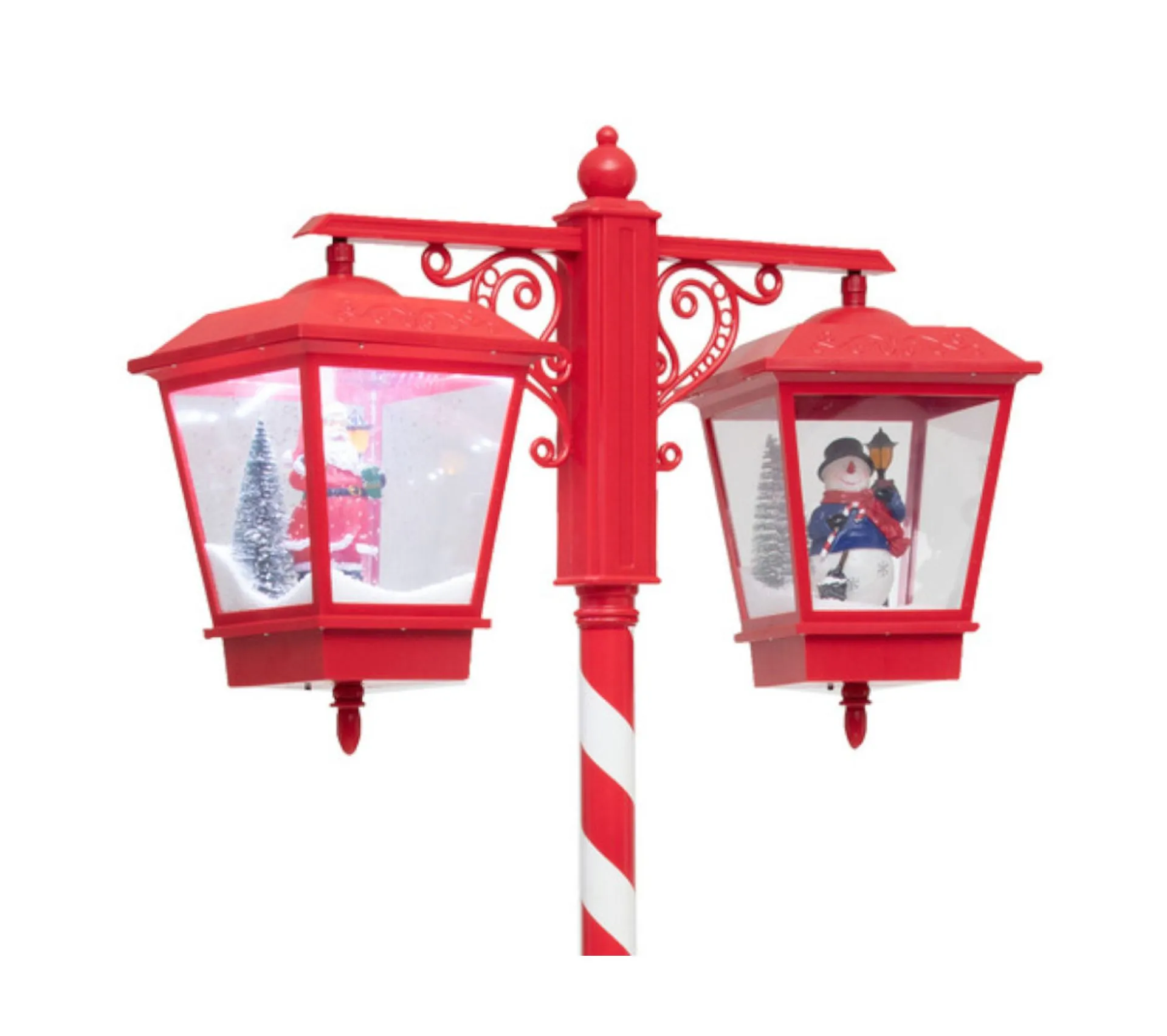 Lampadaire Rouge et Blanc 2 Lanternes Lumineuses Et Musicales Avec Père-noël Et Bonhomme De Neige