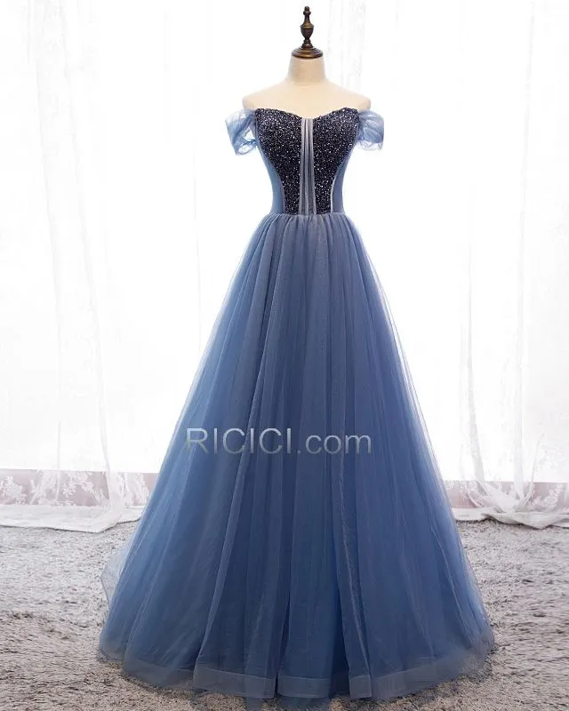 Longue Vintage Tulle Robe De Bal Perlage Dos Nu Epaule Dénudée