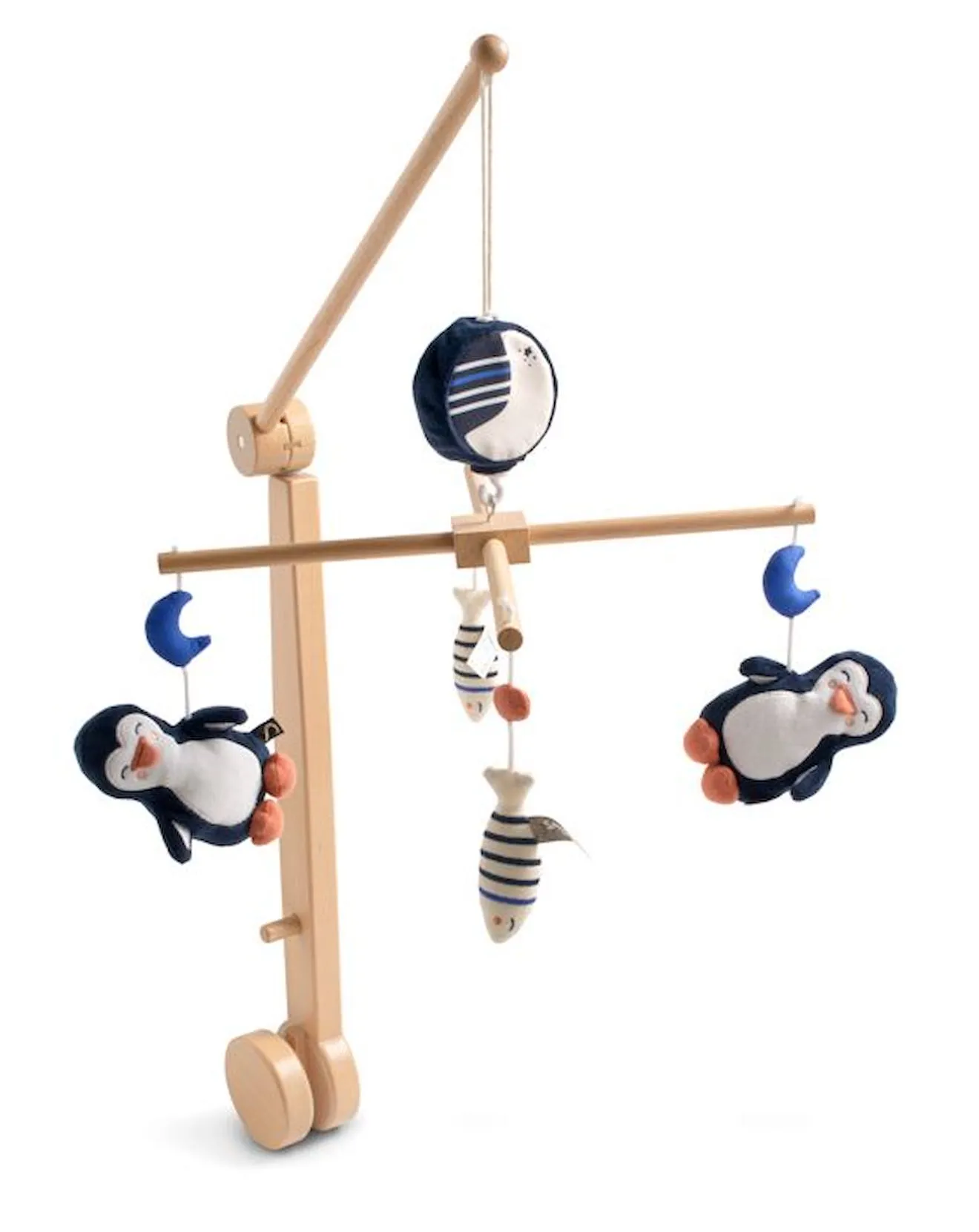 Mobile musical bébé en bois avec 4 jouets pingouin Baby Sailor bleu - Sauthon