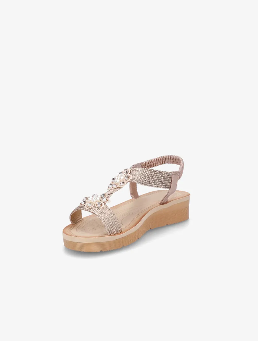 Nu-pieds à motif fleurs ornés de strass et perles - Rose gold