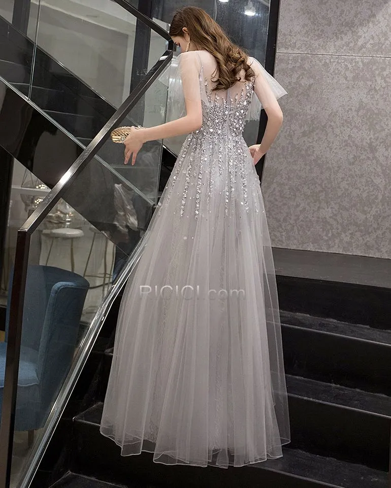 Paillette Gris Perle Robes De Bal Boheme Chic Cristal Robe De Ceremonie Manche Courte Princesse