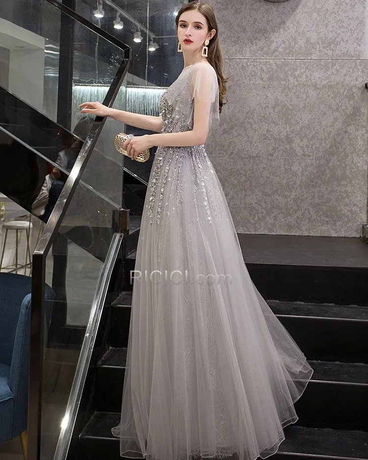 Paillette Gris Perle Robes De Bal Boheme Chic Cristal Robe De Ceremonie Manche Courte Princesse