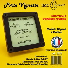 Porte vignette contrôle technique moto IMC carré noir collier, support vignette