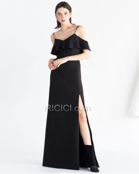 Princesse Epaule Dénudée Simple Bretelles Fines Dos Nu Longue 2020 À Volants Noire Vintage Robe De Soirée Fendue