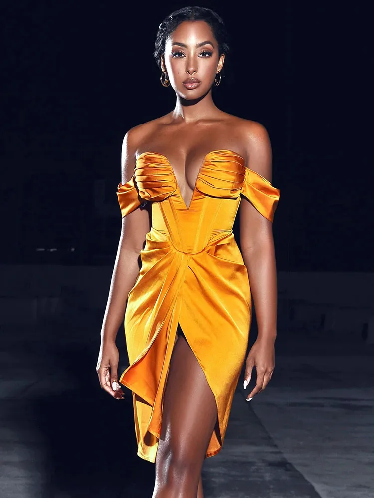 Yellow Satin Deep V-neck Open Back Slit Evening Gown with Bare Shoulders