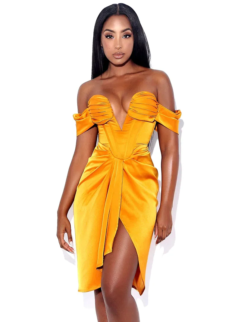 Yellow Satin Deep V-neck Open Back Slit Evening Gown with Bare Shoulders