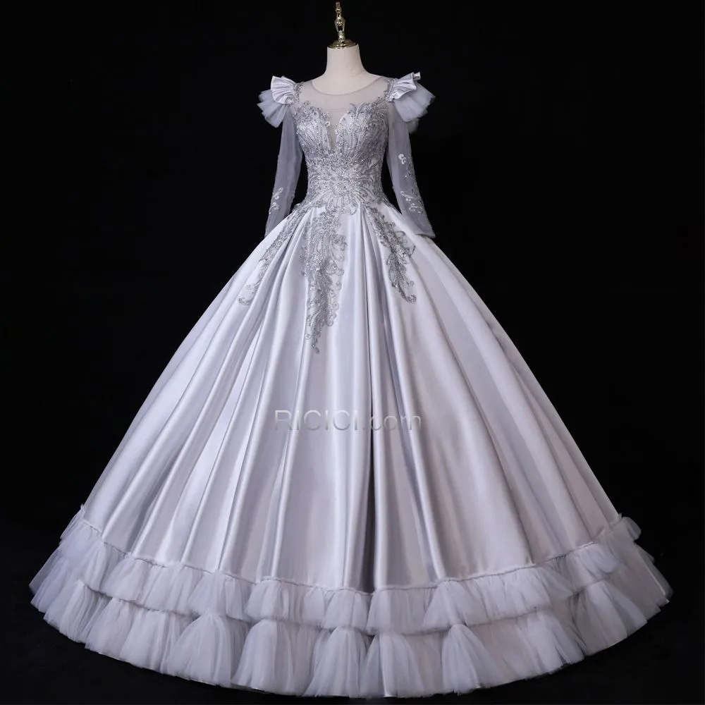 Robe Quinceanera Décolleté Belle Manche Longue Simple Dos Nu À Volants Robes De Soirée Argenté Robes De Bal Vintage