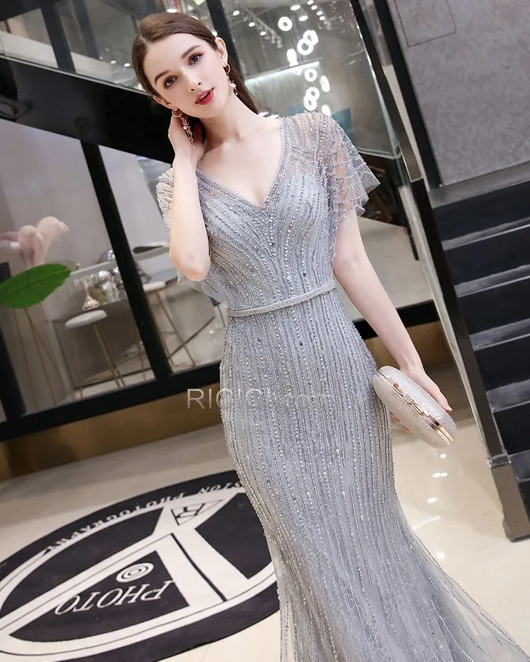 Robe Soirée Longue Paillette Perle Robe De Fiancaille Perlage Manche Courte Argenté Fourreau Décolleté Scintillante Belle