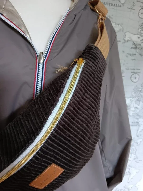 Sac banane velours cotelé marron intérieur liberty fait main