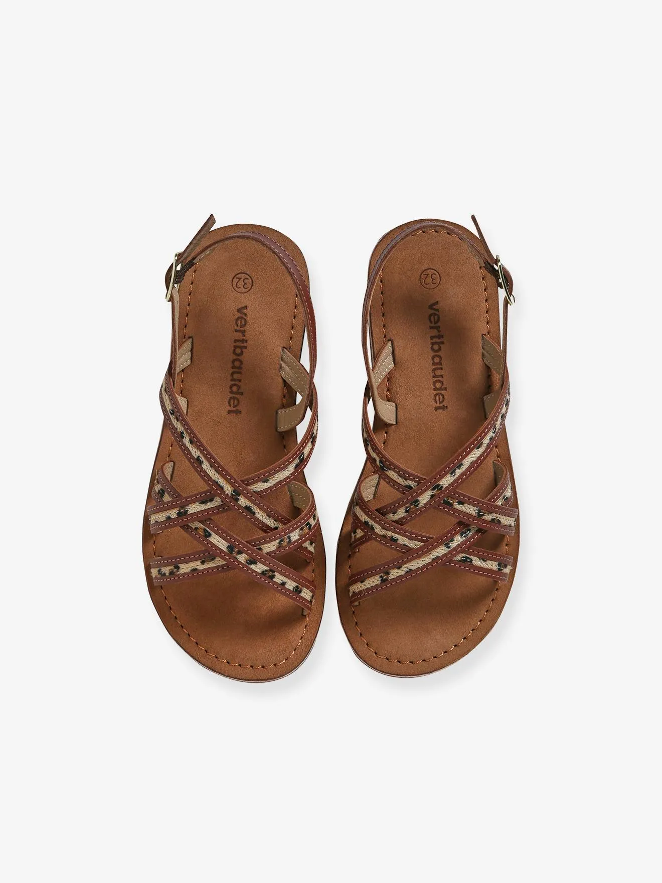 Brown Cross-Strap Leather Junior Sandals with Print - Vertbaudet