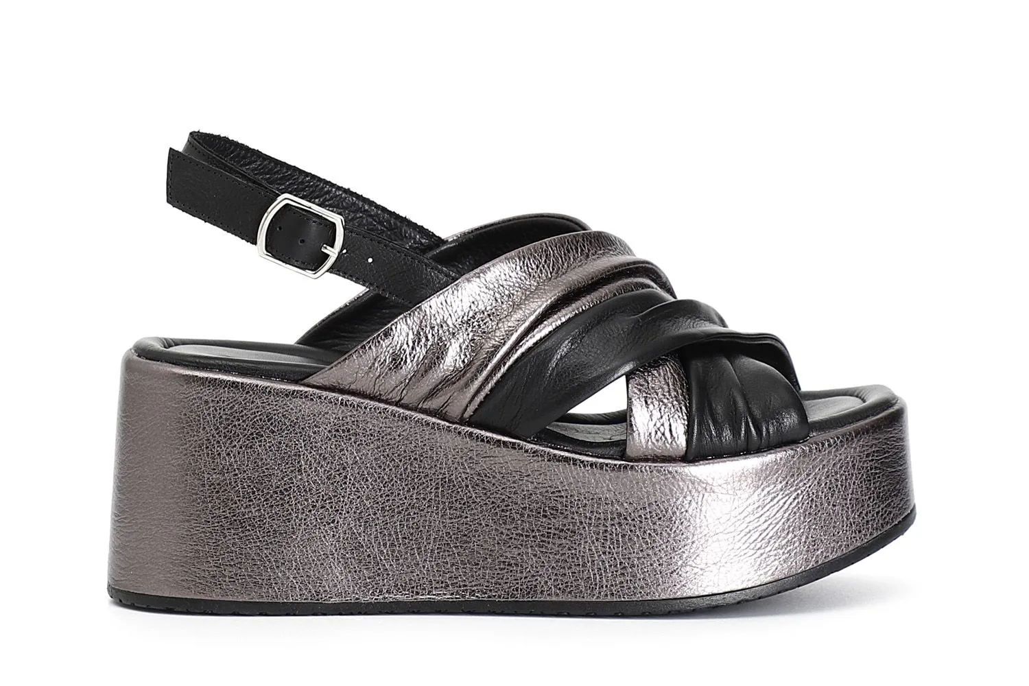 Black/Metal Gun Bicolor Crossed Leather Sandals - CafèNoir