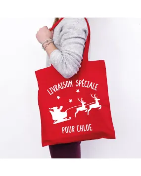 Personalized Red Christmas Tote Bag - Santa's Sleigh